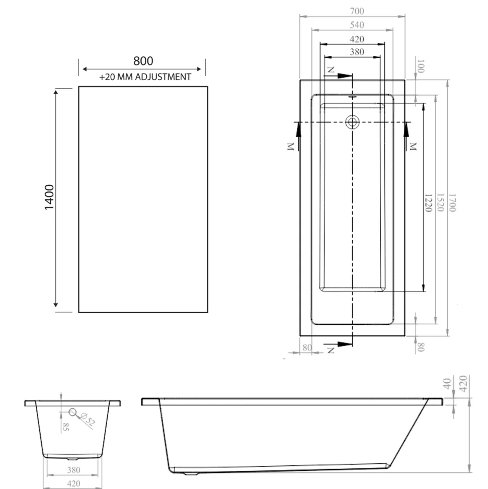 Armourcast Reinforced Straight Square Single Ended Bath & Matt Black Shower Screen