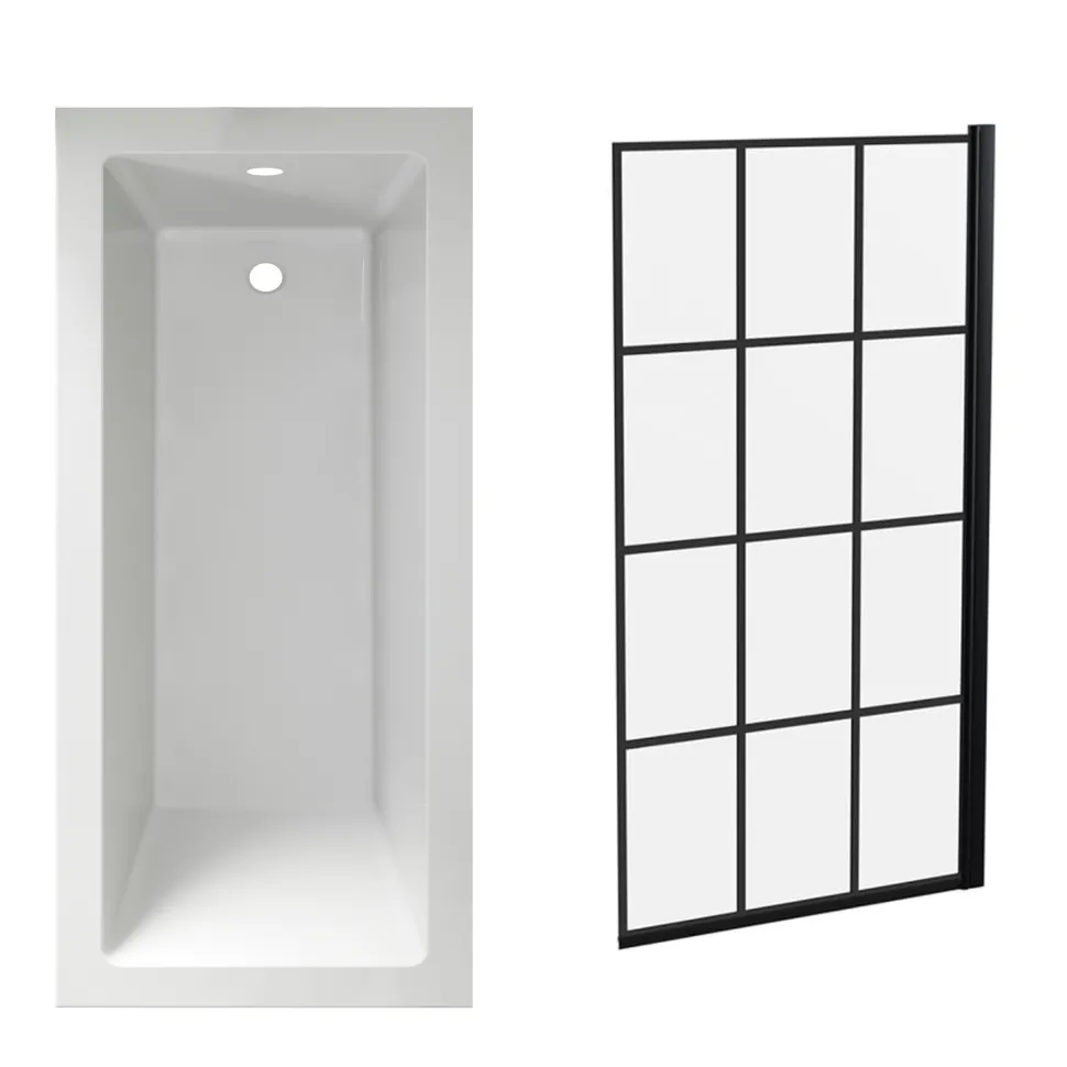 Armourcast Reinforced Straight Square Single Ended Bath & Matt Black Shower Screen