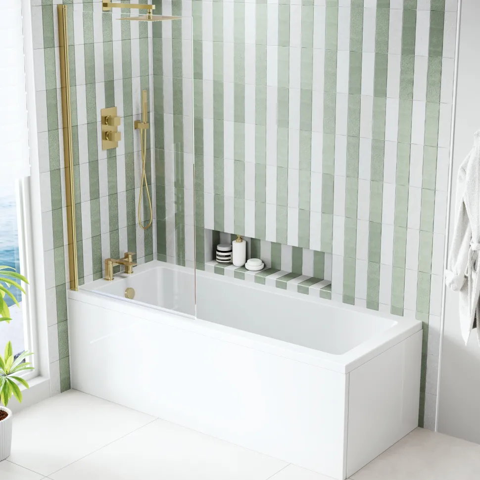 Armourcast Reinforced Straight Square Single Ended Bath & Brushed Brass Shower Screen
