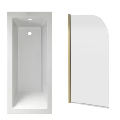 Armourcast Reinforced Straight Square Single Ended Bath & Brushed Brass Shower Screen