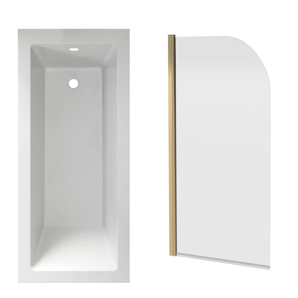 Armourcast Reinforced Straight Square Single Ended Bath & Brushed Brass Shower Screen