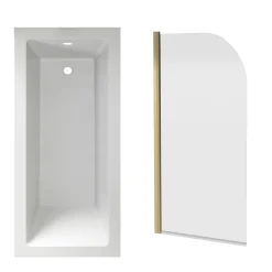 Armourcast Reinforced Straight Square Single Ended Bath & Brushed Brass Shower Screen