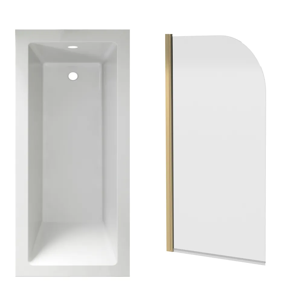 Armourcast Reinforced Straight Square Single Ended Bath & Brushed Brass Shower Screen