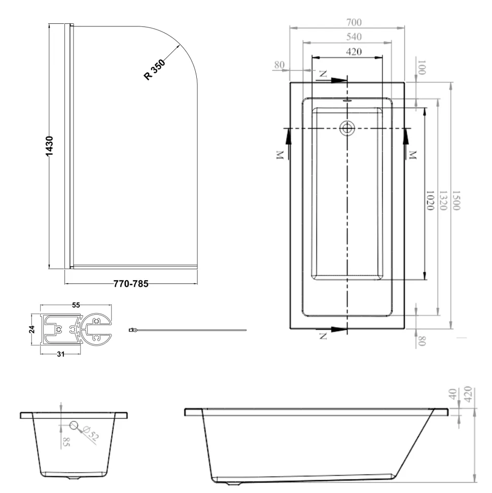 Armourcast Reinforced Straight Square Single Ended Bath & Brushed Brass Shower Screen