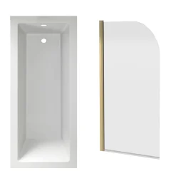 Armourcast Reinforced Straight Square Single Ended Bath & Brushed Brass Shower Screen