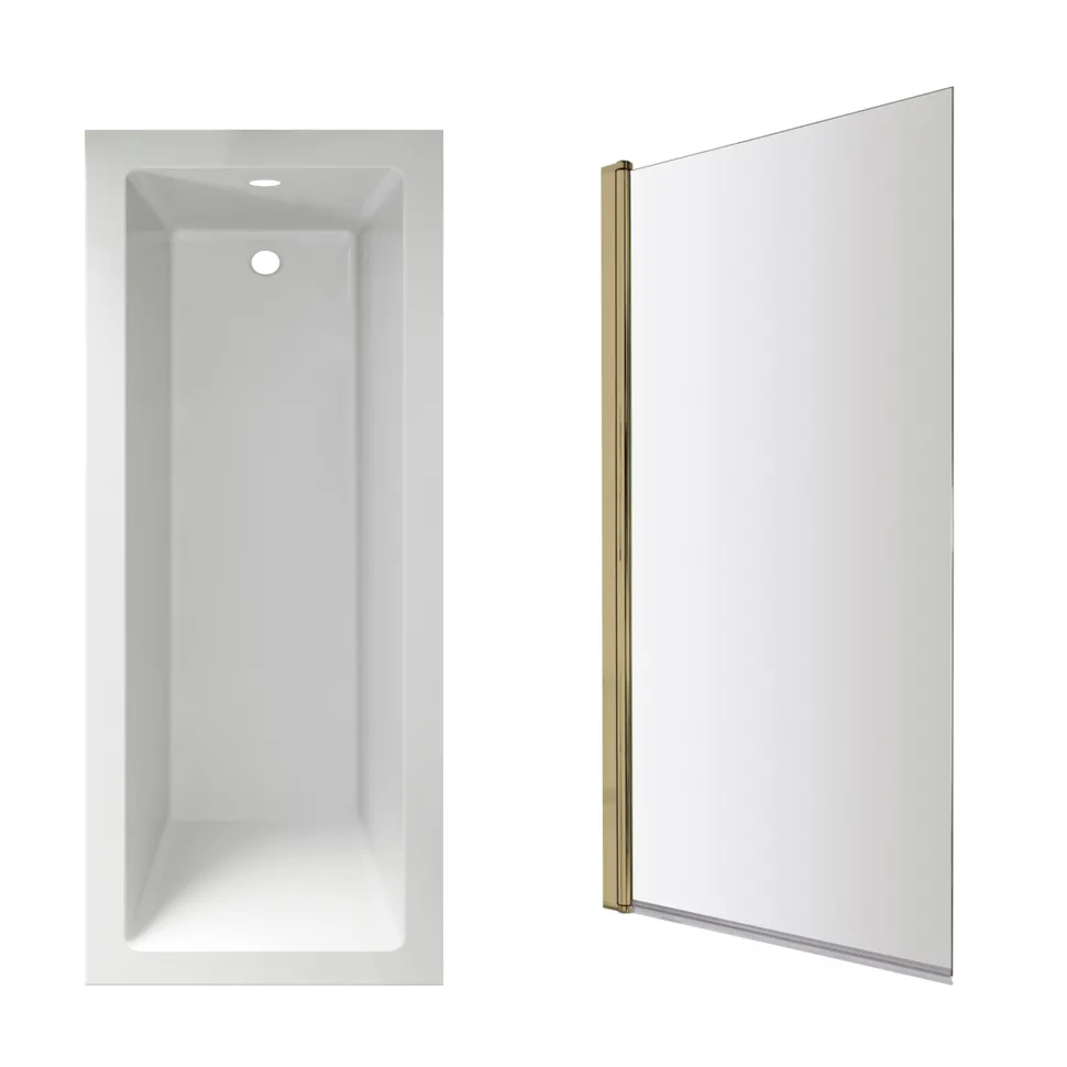 Armourcast Reinforced Straight Square Single Ended Bath & Brushed Brass Shower Screen