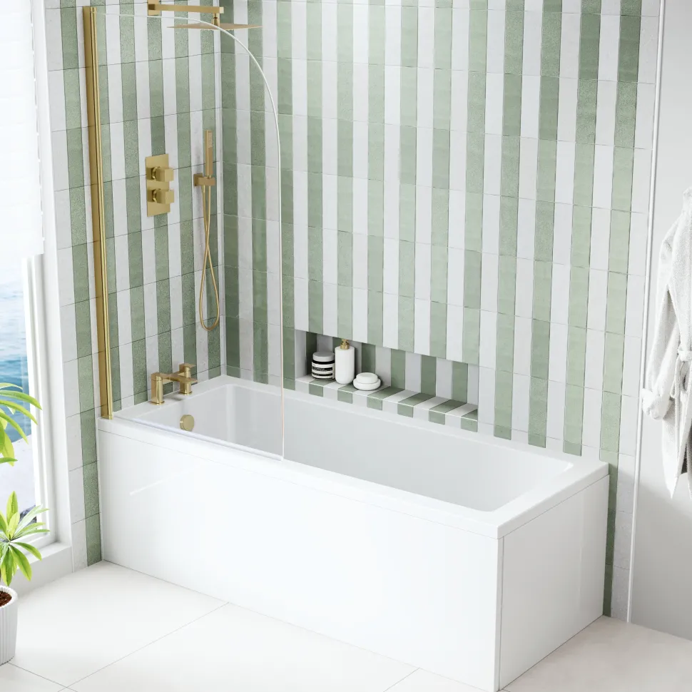 Armourcast Reinforced Straight Square Single Ended Bath & Brushed Brass Shower Screen