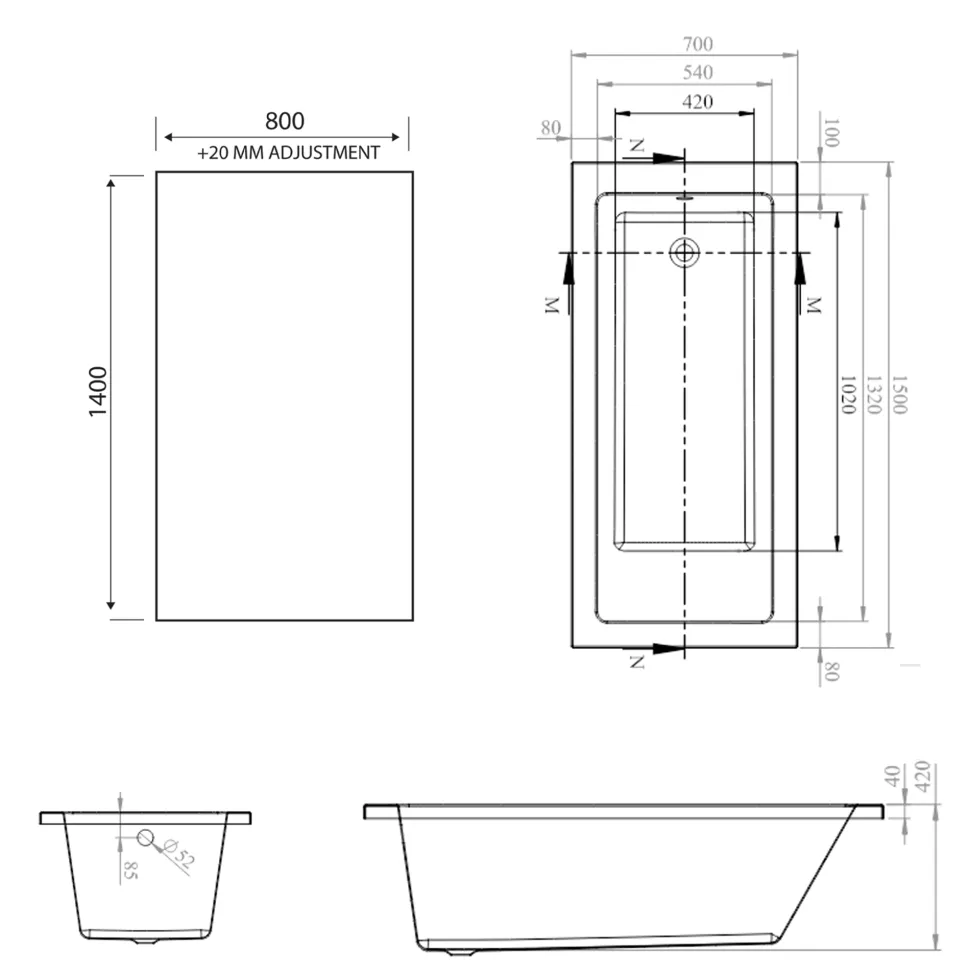 Armourcast Reinforced Straight Square Single Ended Bath with Shower Screen