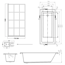 Armourcast Reinforced Straight Square Single Ended Bath with Shower Screen