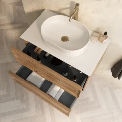Aura 800mm Wall Mounted Natural Oak Vanity Unit & Sintered Stone Countertop