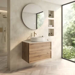 Aura 800mm Wall Mounted Natural Oak Vanity Unit & Sintered Stone Countertop