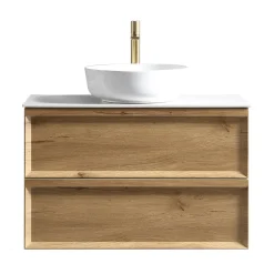 Aura 800mm Wall Mounted Natural Oak Vanity Unit & Sintered Stone Countertop