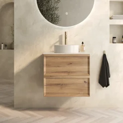 Aura 600mm Wall Mounted Natural Oak Vanity Unit & Sintered Stone Countertop