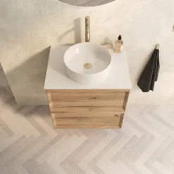 Aura 600mm Wall Mounted Natural Oak Vanity Unit & Sintered Stone Countertop
