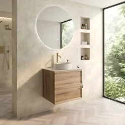 Aura 600mm Wall Mounted Natural Oak Vanity Unit & Sintered Stone Countertop