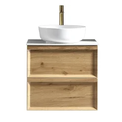 Aura 600mm Wall Mounted Natural Oak Vanity Unit & Sintered Stone Countertop