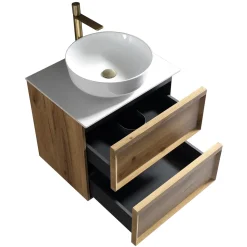Aura 600mm Wall Mounted Natural Oak Vanity Unit & Sintered Stone Countertop