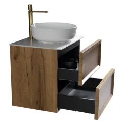 Aura 600mm Wall Mounted Natural Oak Vanity Unit & Sintered Stone Countertop