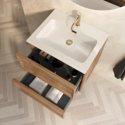 Aura 600mm Wall Mounted Natural Oak Vanity Unit & Matt White Basin