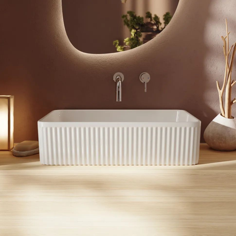 Billy Fluted Gloss White Rectangular Countertop Basin - 500mm