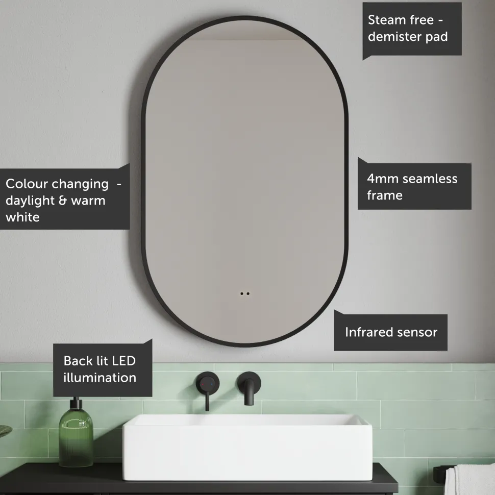 Billy LED Illuminated Oval Framed Mirror with Demister Pad & Colour Change Lights - 500 x 800mm