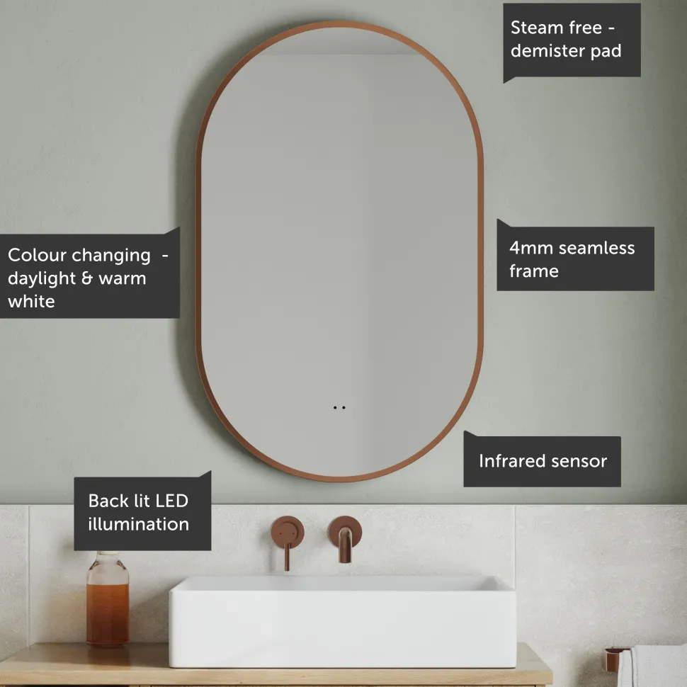 Billy LED Illuminated Oval Framed Mirror with Demister Pad & Colour Change Lights - 500 x 800mm