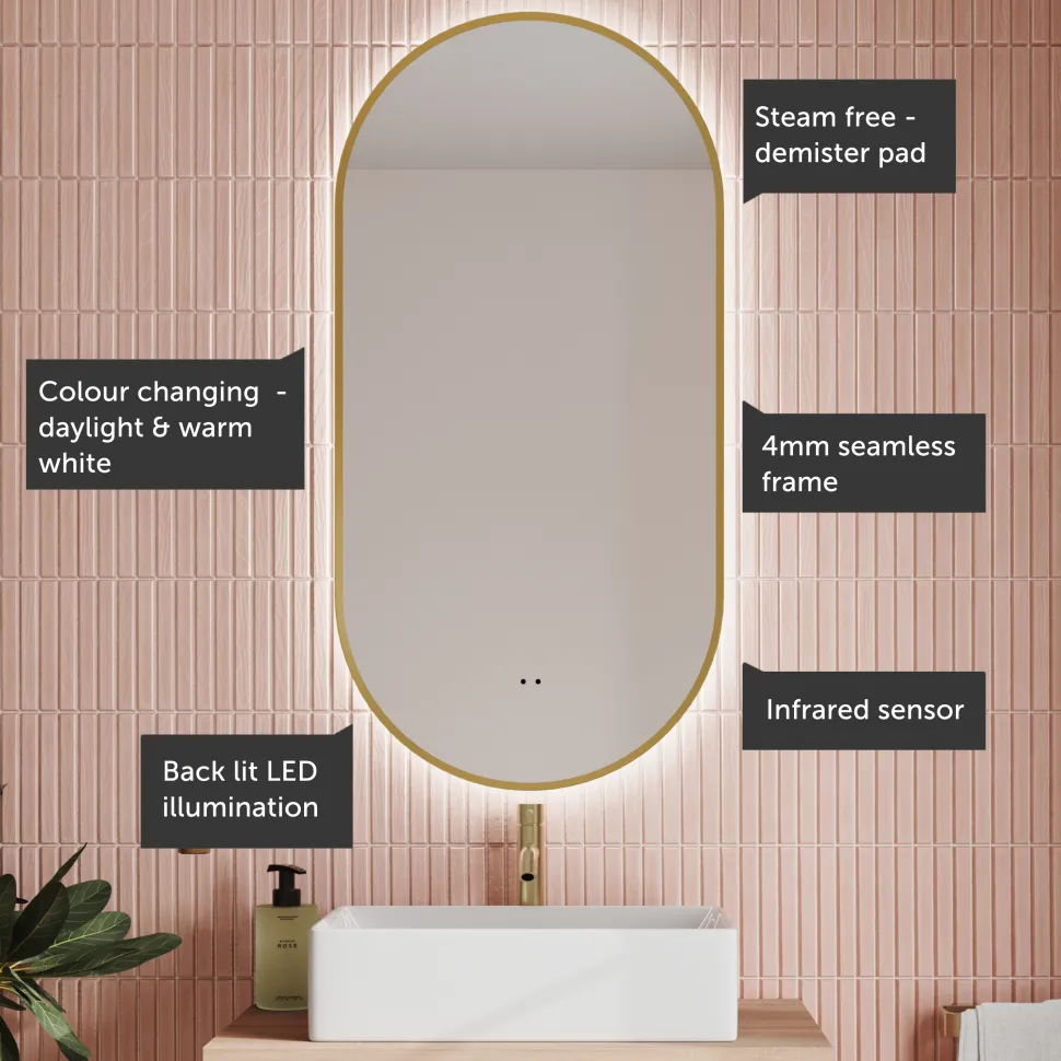 Billy LED Oval Framed Mirror with Demister Pad & Colour Change Lights - 500 x 1000mm