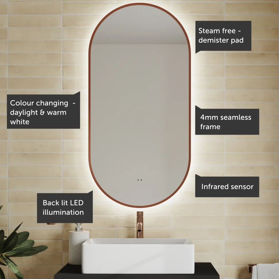 Billy LED Oval Framed Mirror with Demister Pad & Colour Change Lights - 500 x 1000mm