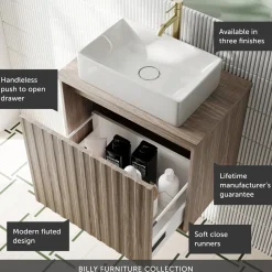 Billy 600mm Wall Hung Vanity Unit with Fluted Drawer Front & Countertop