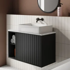 Billy 800mm Wall Hung Vanity Unit with Fluted Drawer Front & Marble Sintered Stone Worktop
