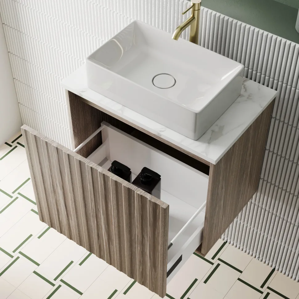 Billy 600mm Wall Hung Vanity Unit with Fluted Drawer Front & Marble Sintered Stone Worktop