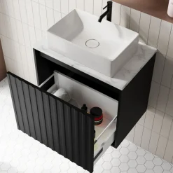Billy 600mm Wall Hung Vanity Unit with Fluted Drawer Front & Marble Sintered Stone Worktop