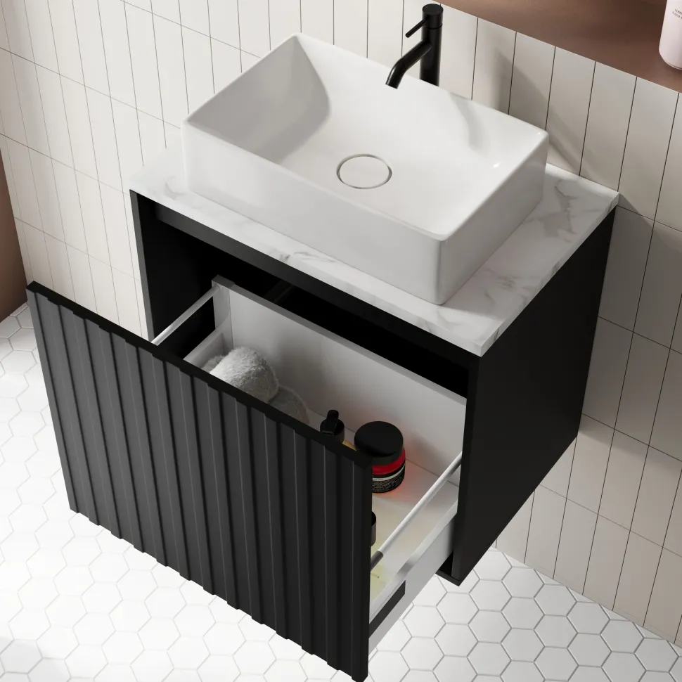 Billy 600mm Wall Hung Vanity Unit with Fluted Drawer Front & Marble Sintered Stone Worktop