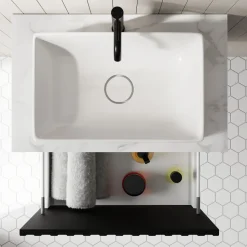 Billy 600mm Wall Hung Vanity Unit with Fluted Drawer Front & Marble Sintered Stone Worktop