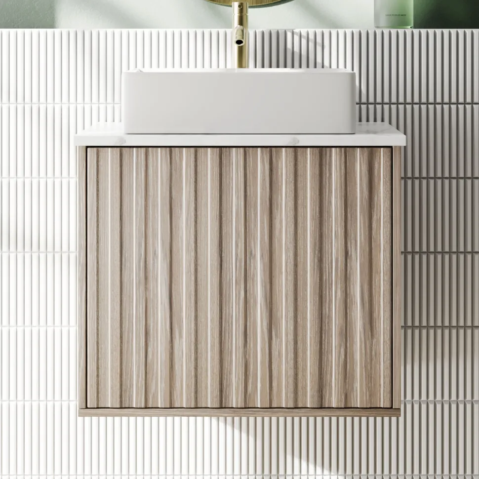 Billy 600mm Wall Hung Vanity Unit with Fluted Drawer Front & Marble Sintered Stone Worktop