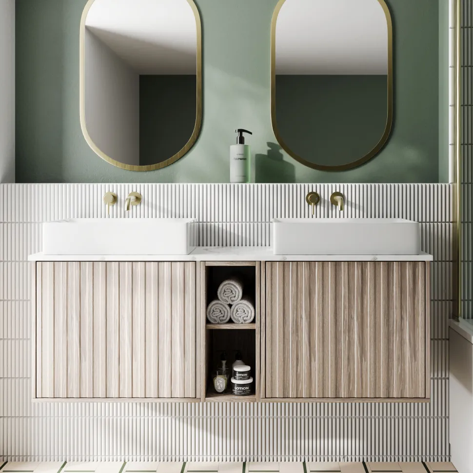Billy 1400mm Wall Hung Vanity Unit with Fluted Drawer Front & Marble Sintered Stone Worktop