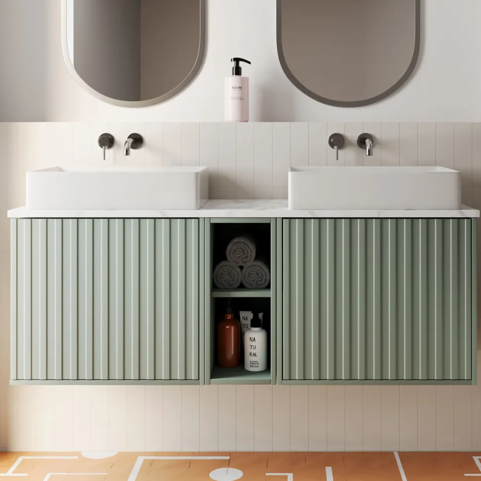 Billy 1400mm Wall Hung Vanity Unit with Fluted Drawer Front & Marble Sintered Stone Worktop