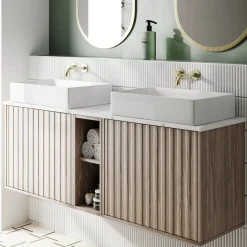 Billy 1400mm Wall Hung Vanity Unit with Fluted Drawer Front & Marble Sintered Stone Worktop