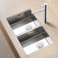 Blanco Claron Double Bowl Undermount Satin Polish Stainless Steel Kitchen Sink & Waste - 865 x 440mm