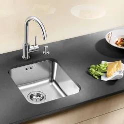 Blanco Supra 340-U Compact 1 Bowl Undermount Brushed Stainless Steel Kitchen Sink & Waste - 370 x 430mm