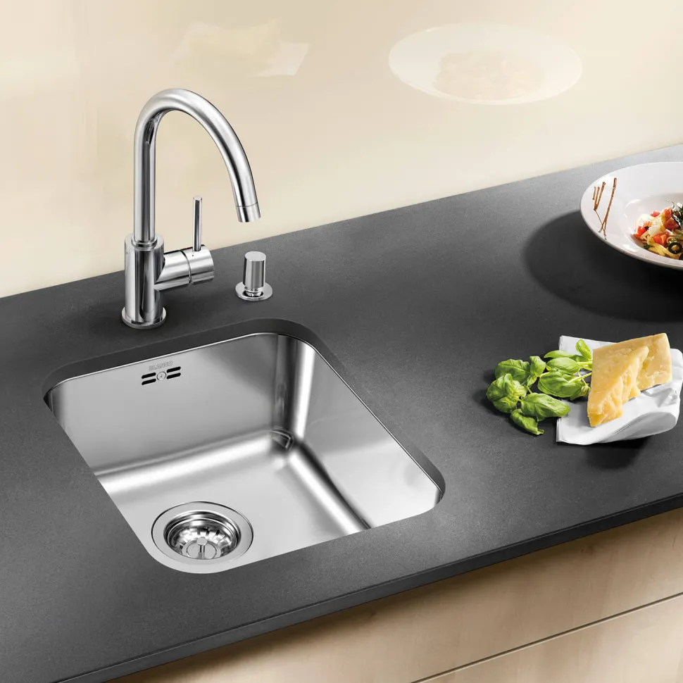 Blanco Supra 340-U Compact 1 Bowl Undermount Brushed Stainless Steel Kitchen Sink & Waste - 370 x 430mm