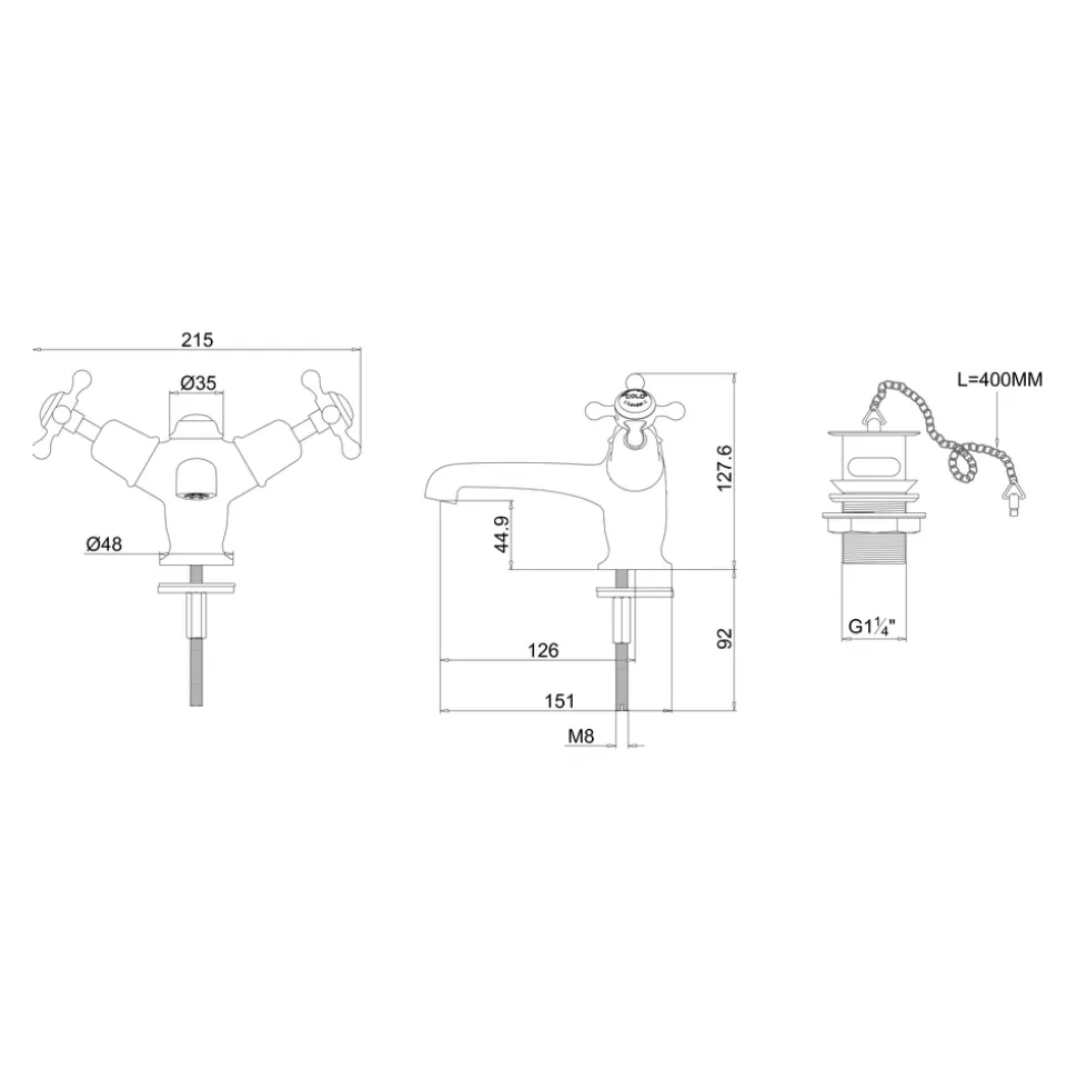 Burlington Claremont Basin Mixer Tap with High Central Indice & Waste