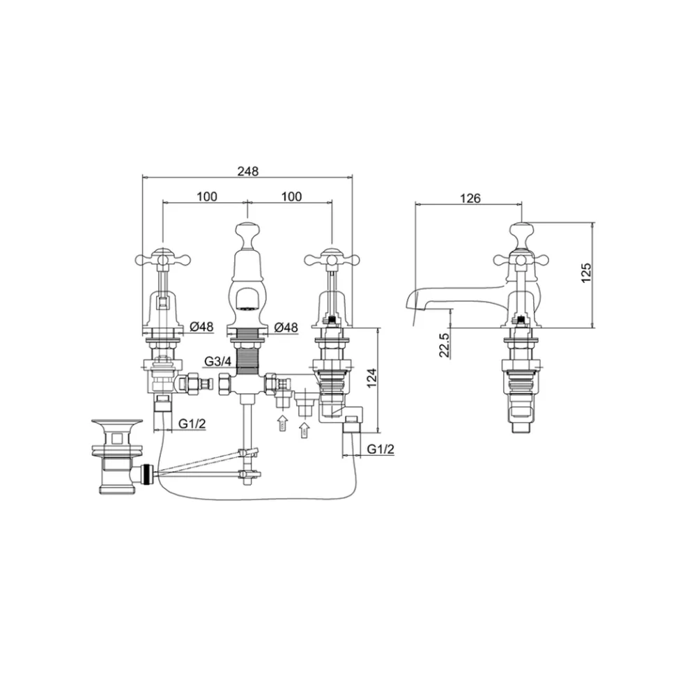 Burlington Claremont 3 Tap Hole Basin Mixer with Pop-up Waste