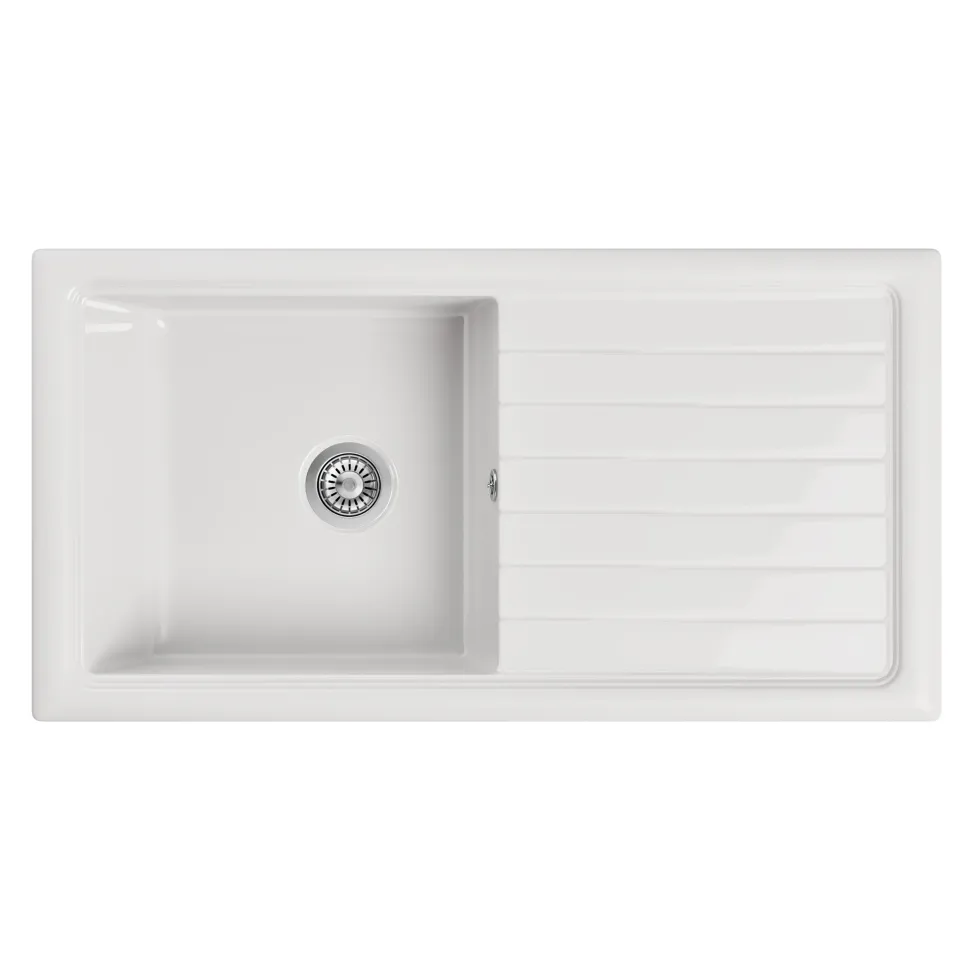 Butler & Rose 1 Bowl White Ceramic Kitchen Sink with Reversible Drainer - 1010 x 525mm