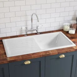 Butler & Rose 1 Bowl White Ceramic Kitchen Sink with Reversible Drainer - 1010 x 525mm