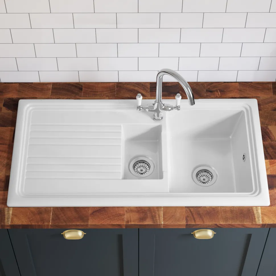 Butler & Rose 1.5 Bowl White Ceramic Kitchen Sink with Reversible Drainer - 1010mm x 525mm