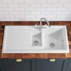 Butler & Rose 1.5 Bowl White Ceramic Kitchen Sink with Reversible Drainer - 1010mm x 525mm