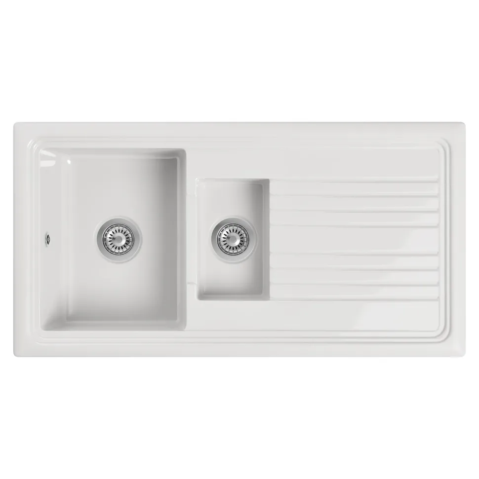 Butler & Rose 1.5 Bowl White Ceramic Kitchen Sink with Reversible Drainer - 1010mm x 525mm