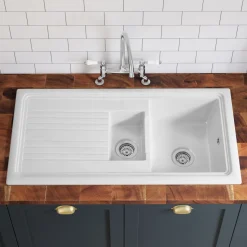 Butler & Rose 1.5 Bowl White Ceramic Kitchen Sink with Reversible Drainer - 1010mm x 525mm
