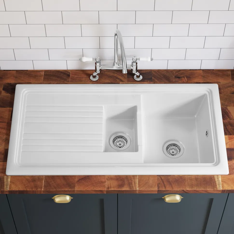 Butler & Rose 1.5 Bowl White Ceramic Kitchen Sink with Reversible Drainer - 1010mm x 525mm